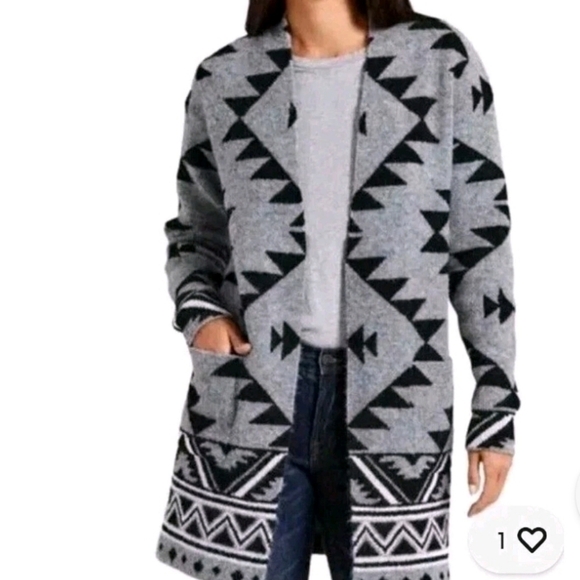Frye Cardigan Grey Black Aztec Print Open Front Sweater Duster Pockets Sz L - Picture 1 of 8